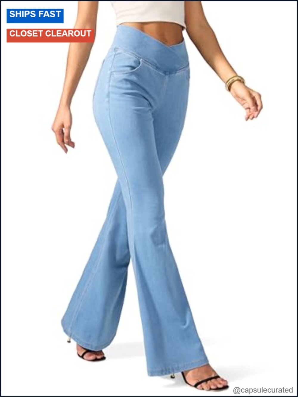 Buttery-Soft Stretchy Bell Bottom Flare Jeans with Pockets, Crossover Waist,